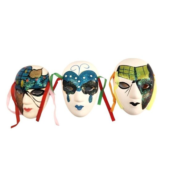 Venetian Style Mardí Gras Ceramic Mini Wall Masks Set Of 3 Colorful Glitter Acce - Picture 2 of 5